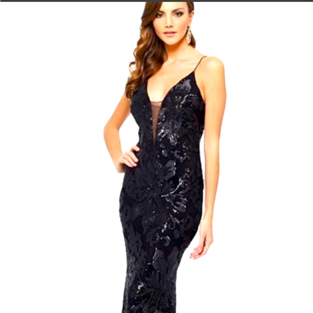 Betsy & Adam Black Sequin Gown